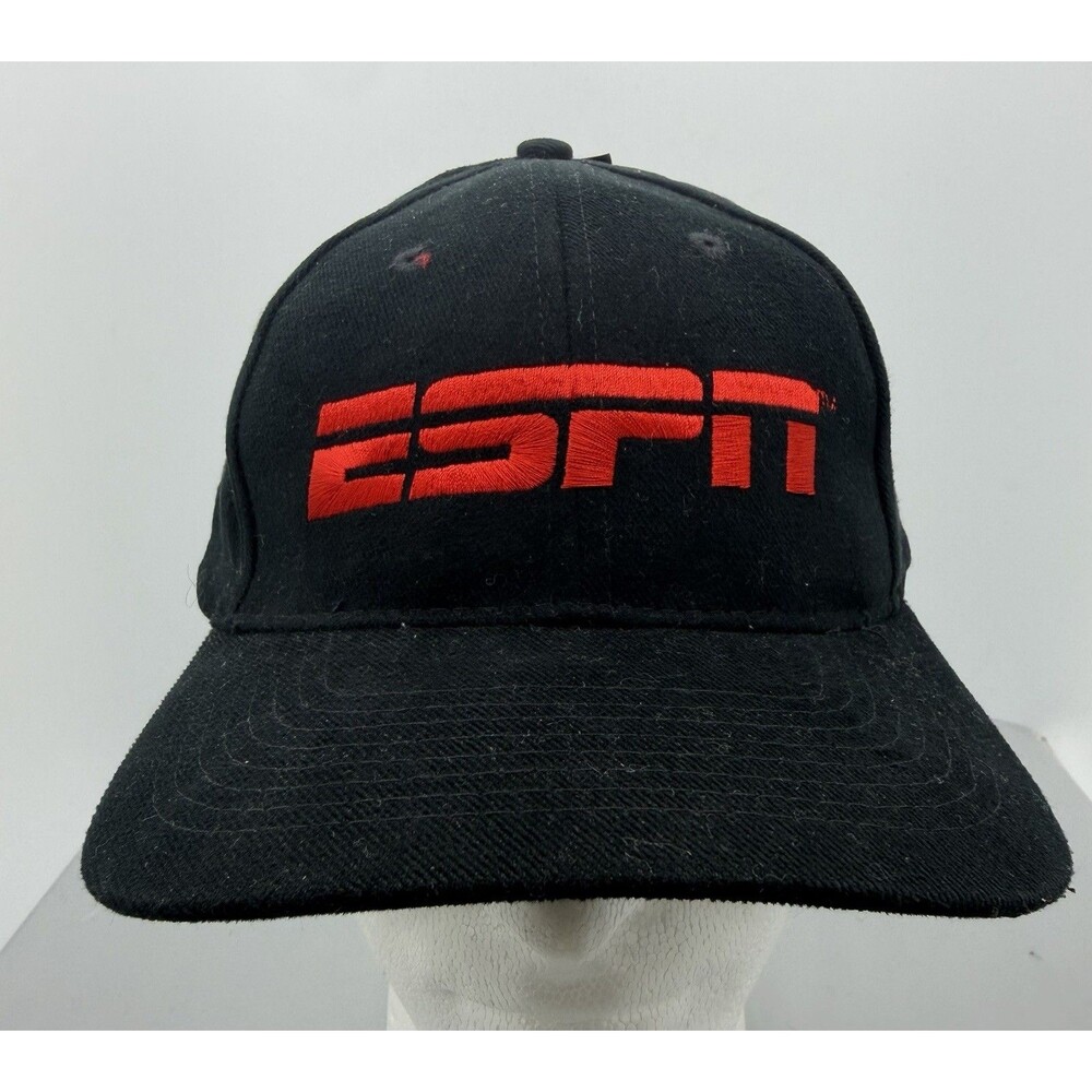 New Vintage ESPN Hat Cap Strap Back Black Red Logo Sports K Products Adjustable